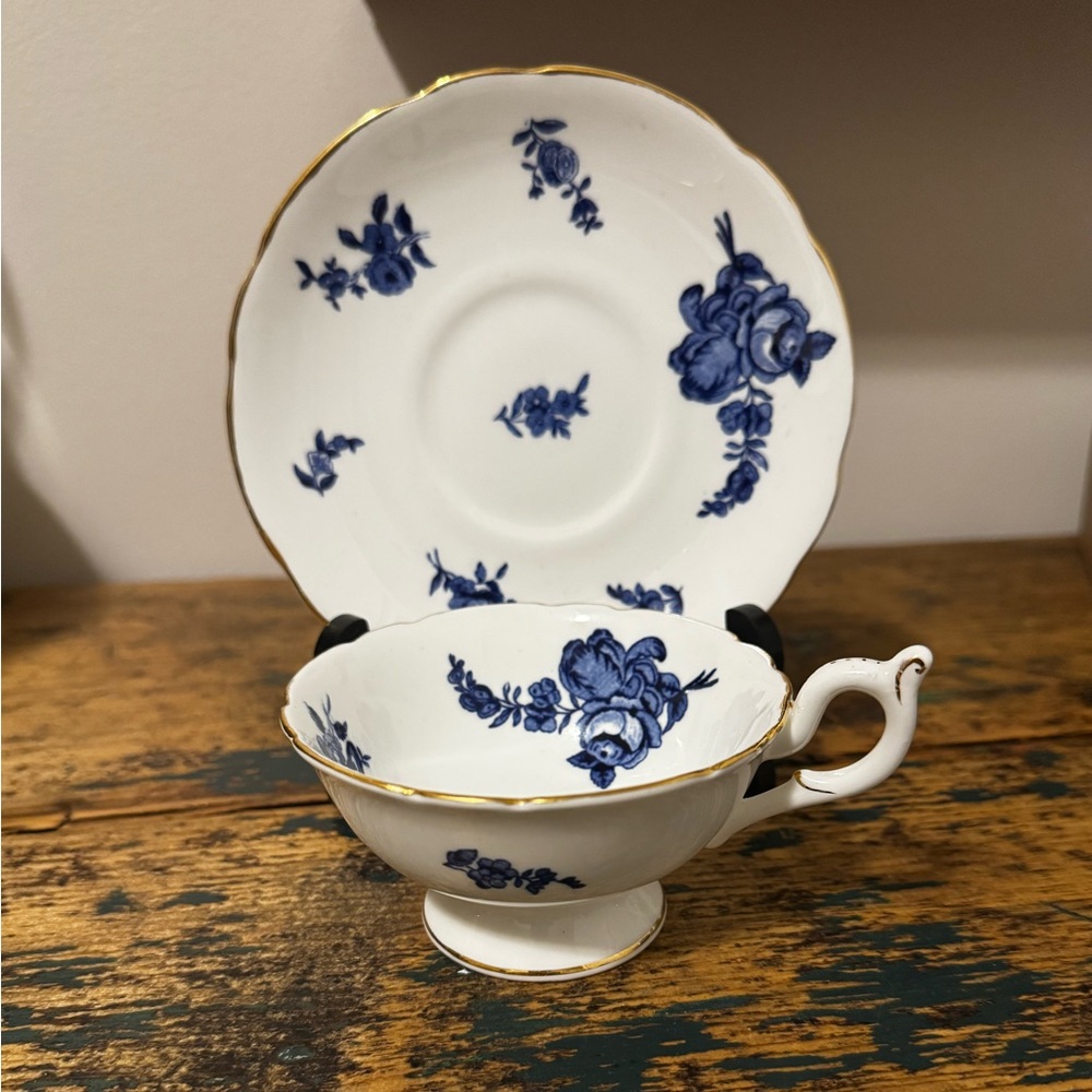 Coalport Blue and White Teacup and Saucer